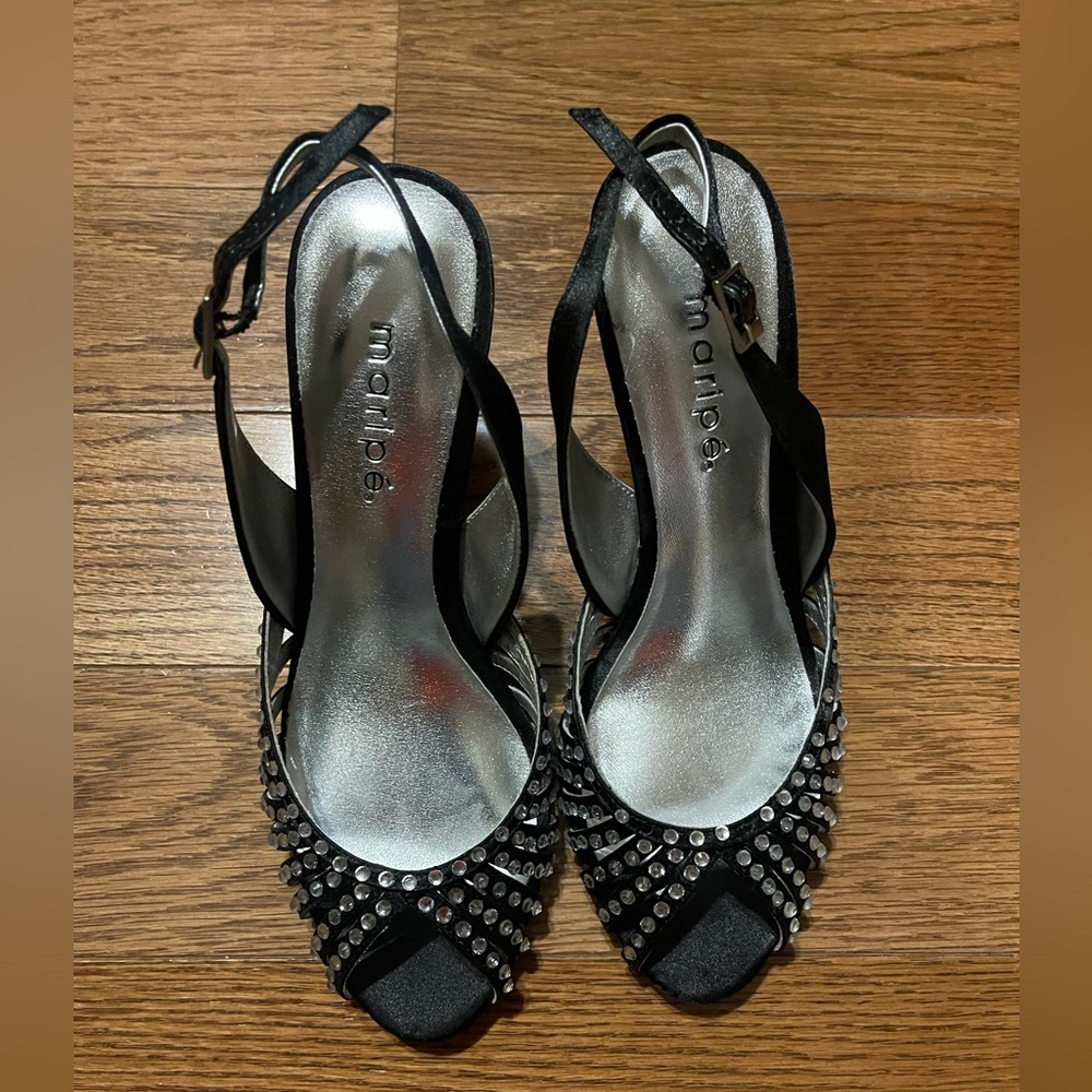 Black Maripe Women's Peep Toe Shoes with Silver Accents